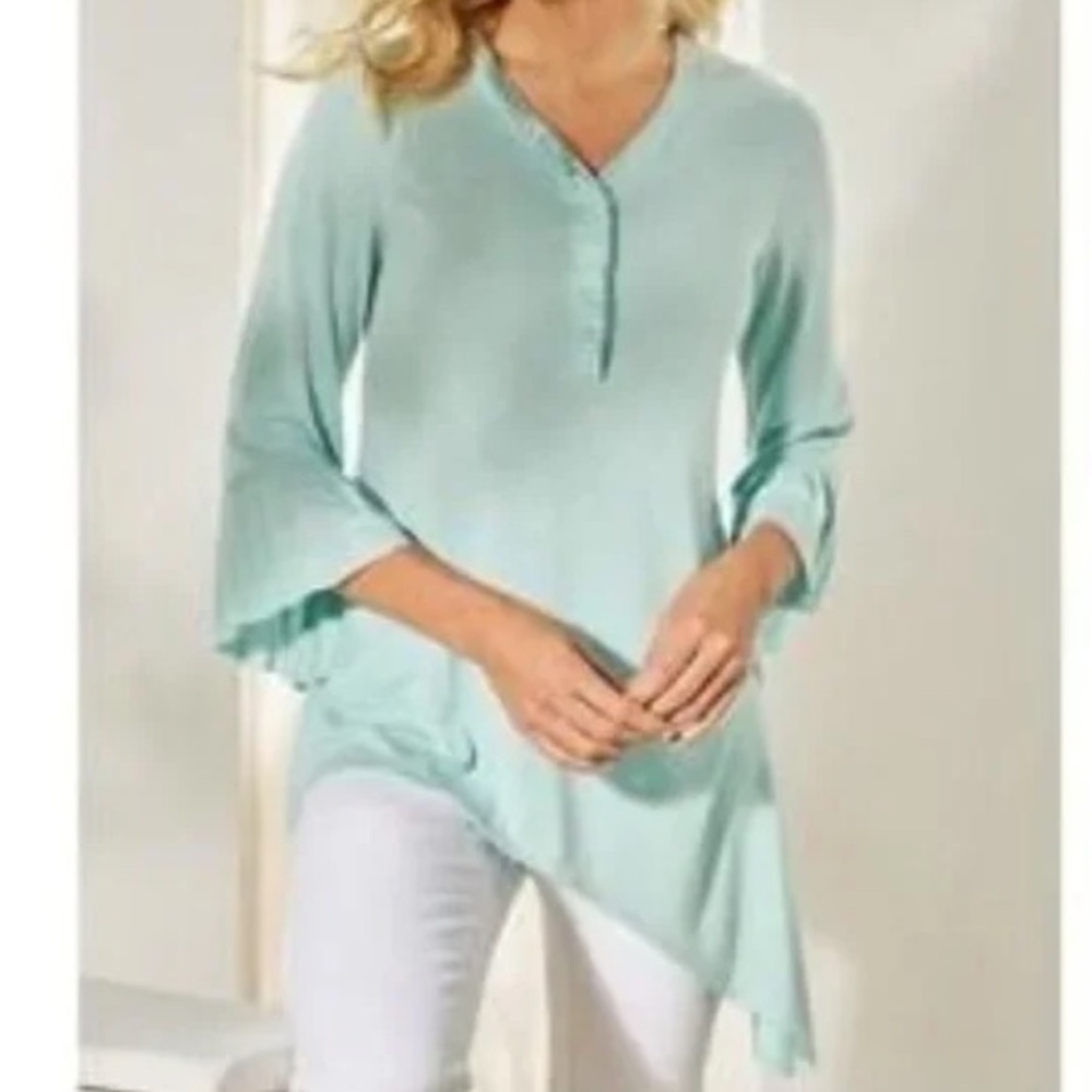 Soft Surroundings Women L Teal Dust Bell Sleeve Oldeander Asymmetrical Tunic Top